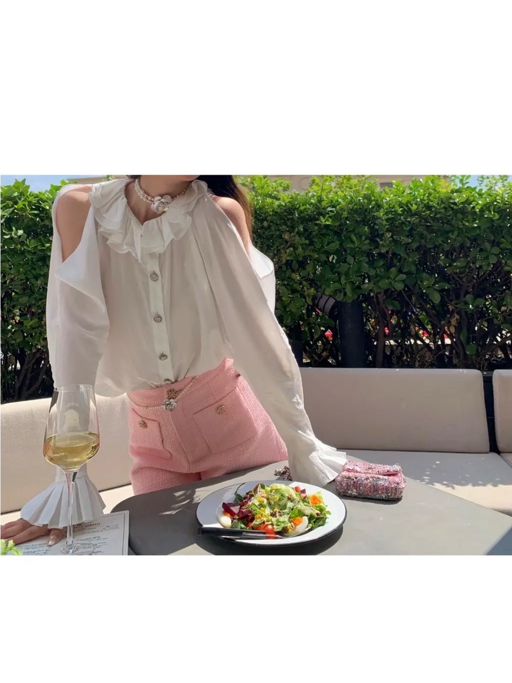 CHANEL White Ruffled Cold-Shoulder Silk Blouse 38 (M)